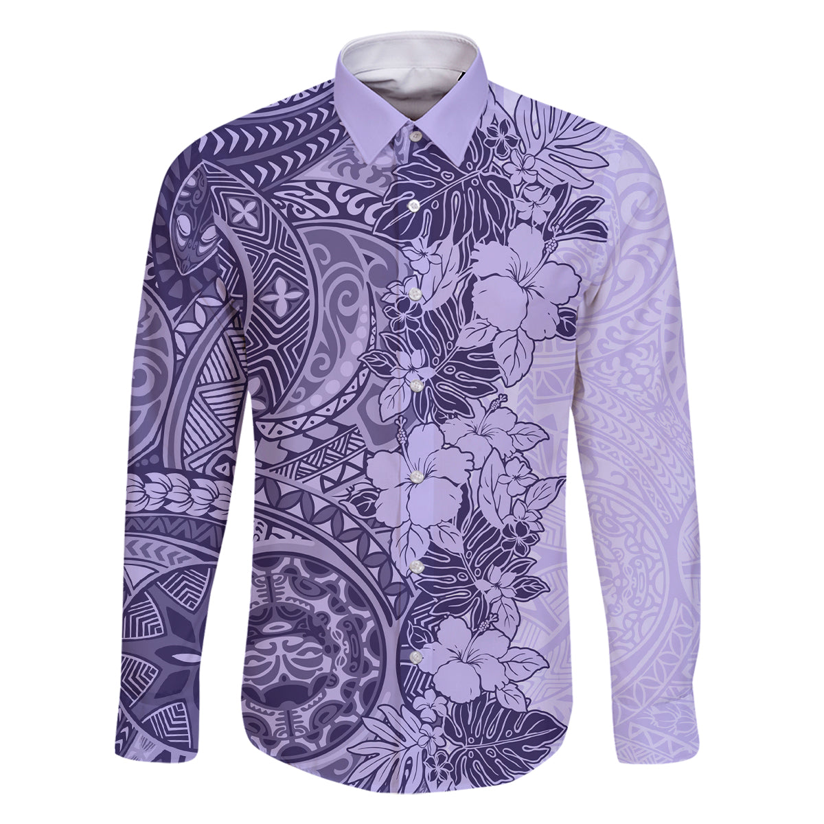 Polynesia Family Matching Off Shoulder Long Sleeve Dress and Hawaiian Shirt Hibiscus and Hawaiian Tribal Tattoo Retro Style Violet Color - Wonder Print Shop