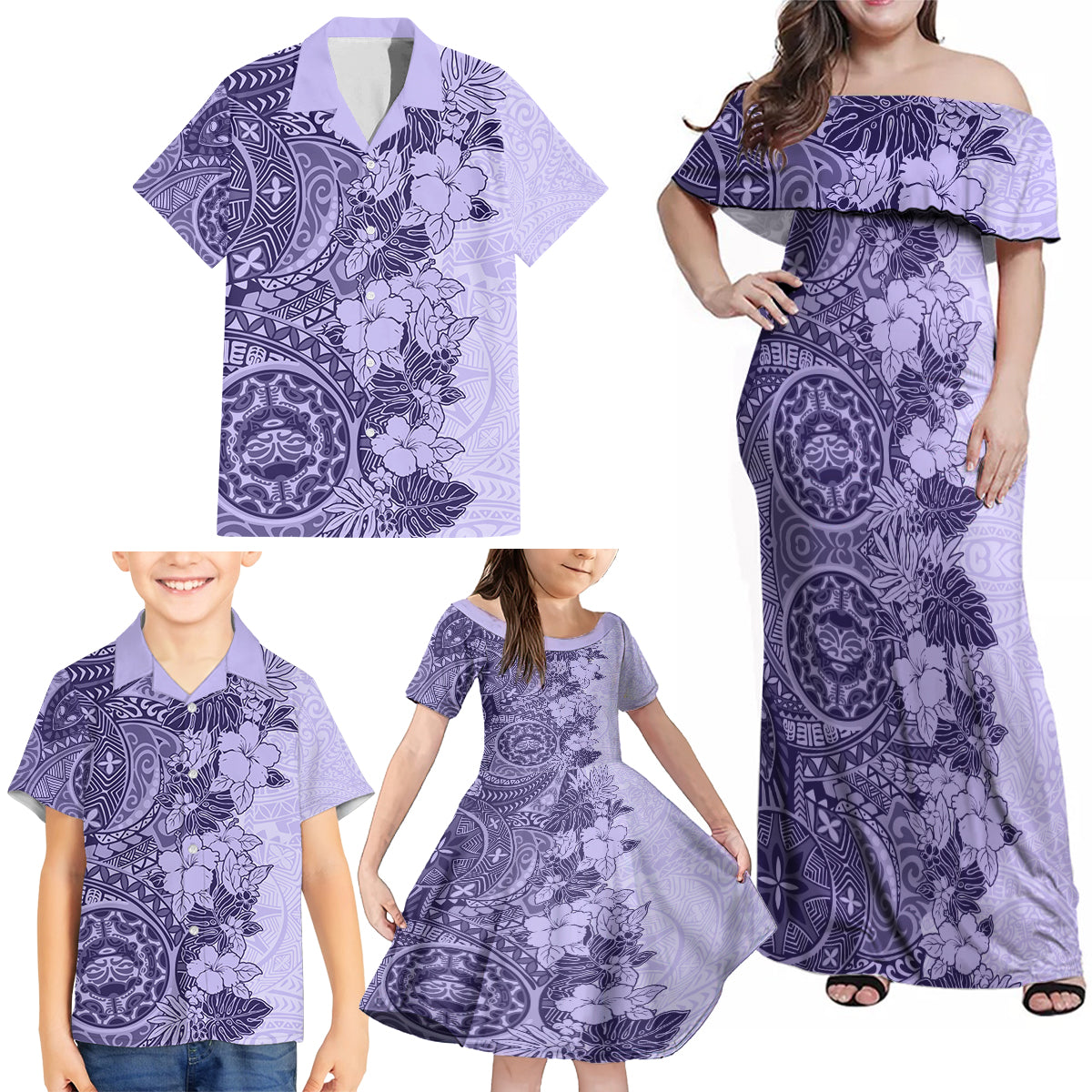 Polynesia Family Matching Off Shoulder Maxi Dress and Hawaiian Shirt Hibiscus and Hawaiian Tribal Tattoo Retro Style Violet Color LT9 - Wonder Print Shop