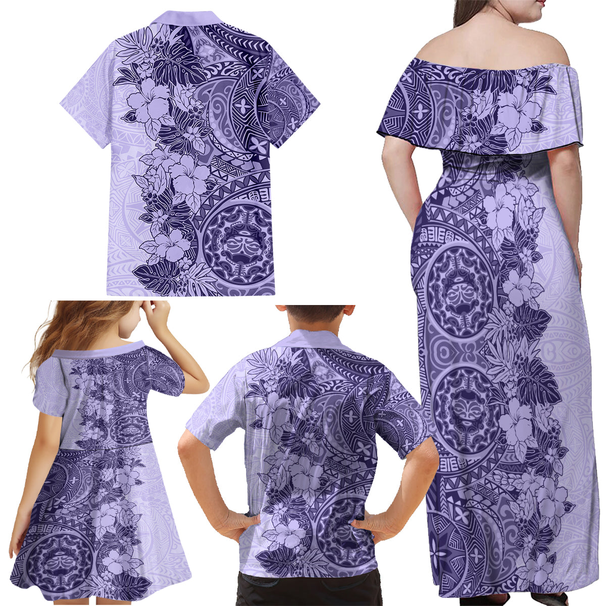 Polynesia Family Matching Off Shoulder Maxi Dress and Hawaiian Shirt Hibiscus and Hawaiian Tribal Tattoo Retro Style Violet Color LT9 - Wonder Print Shop