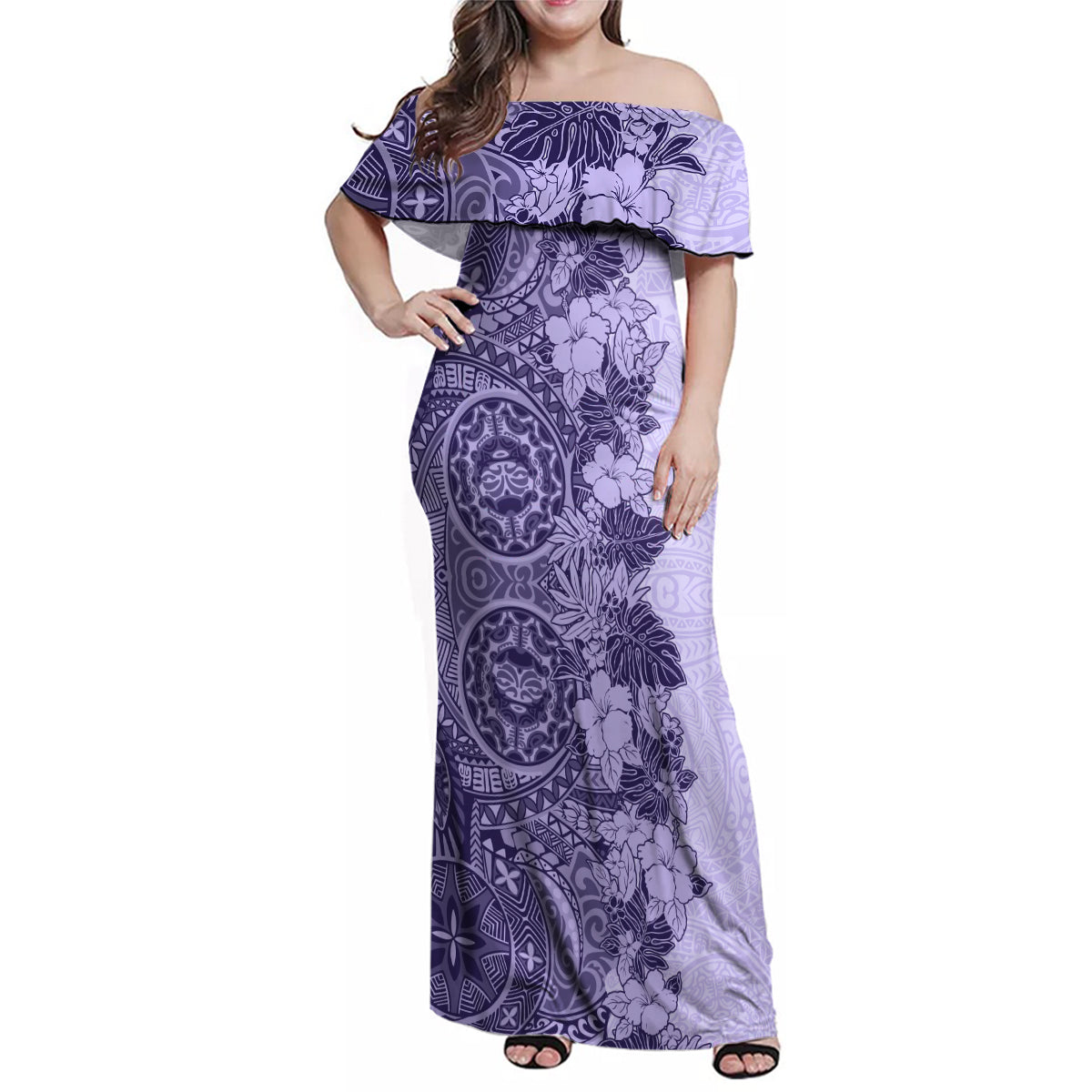 Polynesia Family Matching Off Shoulder Maxi Dress and Hawaiian Shirt Hibiscus and Hawaiian Tribal Tattoo Retro Style Violet Color LT9 - Wonder Print Shop