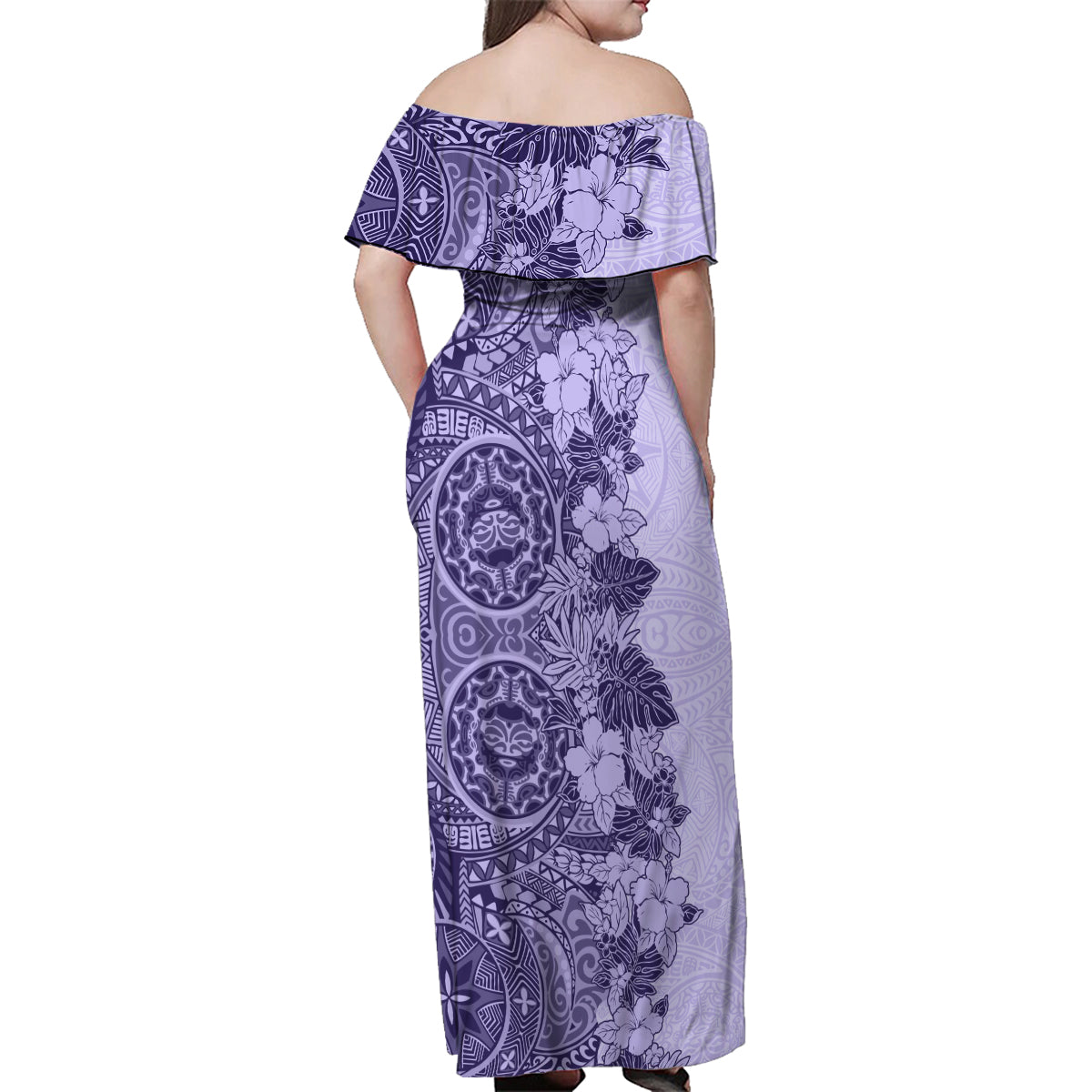 Polynesia Family Matching Off Shoulder Maxi Dress and Hawaiian Shirt Hibiscus and Hawaiian Tribal Tattoo Retro Style Violet Color LT9 - Wonder Print Shop