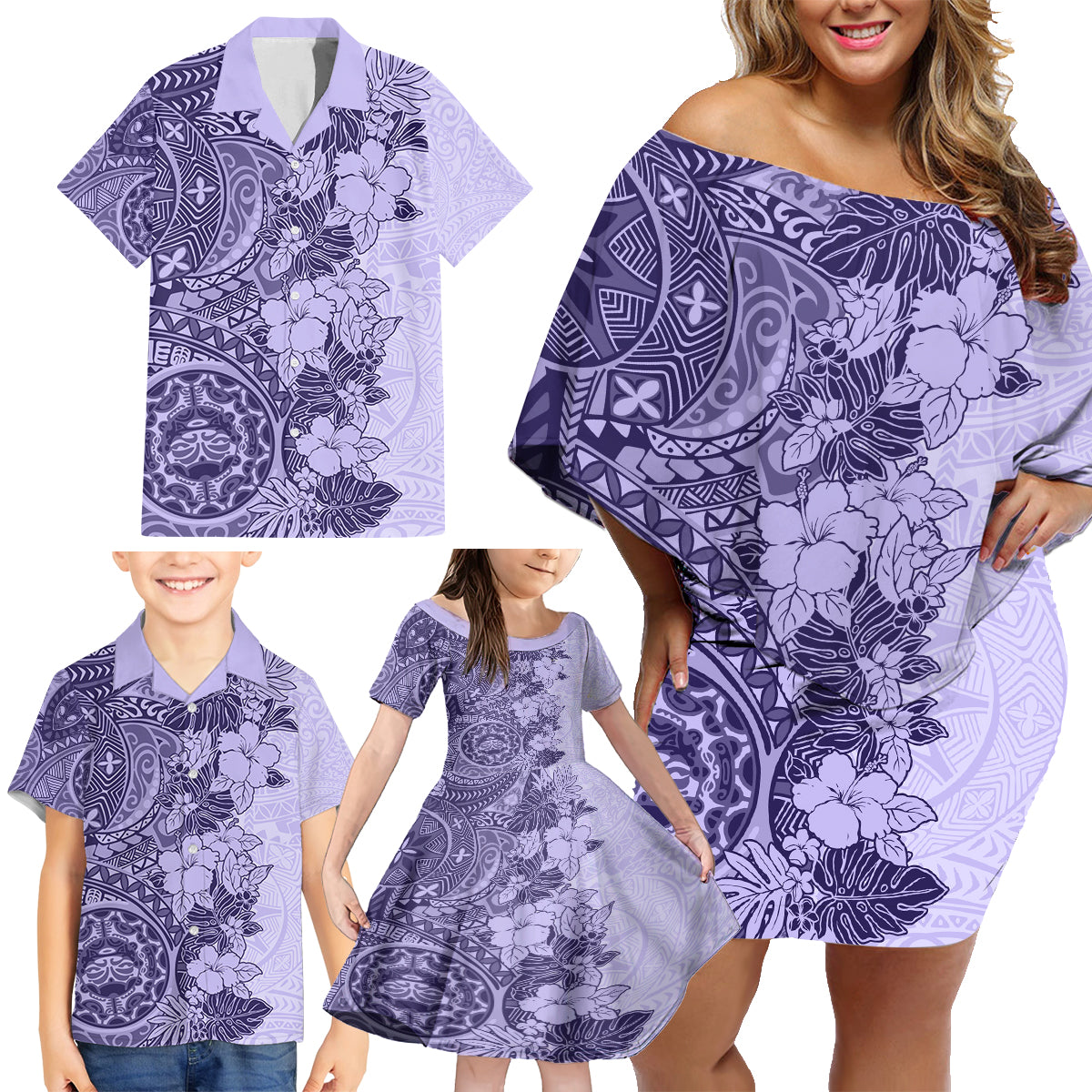 Polynesia Family Matching Off Shoulder Short Dress and Hawaiian Shirt Hibiscus and Hawaiian Tribal Tattoo Retro Style Violet Color LT9 - Wonder Print Shop
