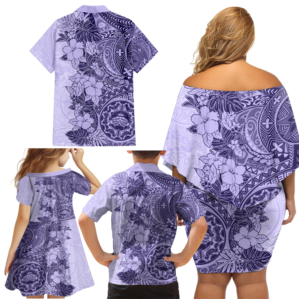 Polynesia Family Matching Off Shoulder Short Dress and Hawaiian Shirt Hibiscus and Hawaiian Tribal Tattoo Retro Style Violet Color LT9 - Wonder Print Shop