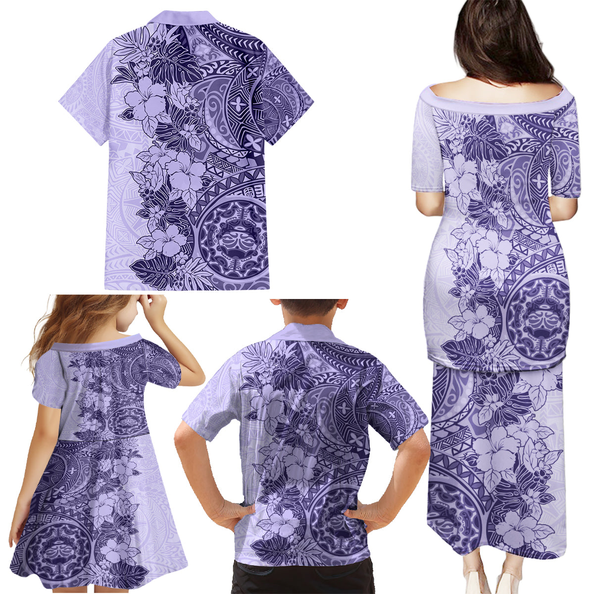 Polynesia Family Matching Puletasi Dress and Hawaiian Shirt Hibiscus and Hawaiian Tribal Tattoo Retro Style Violet Color - Wonder Print Shop