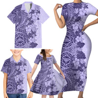 Polynesia Family Matching Short Sleeve Bodycon Dress and Hawaiian Shirt Hibiscus and Hawaiian Tribal Tattoo Retro Style Violet Color - Wonder Print Shop