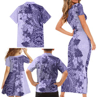 Polynesia Family Matching Short Sleeve Bodycon Dress and Hawaiian Shirt Hibiscus and Hawaiian Tribal Tattoo Retro Style Violet Color - Wonder Print Shop