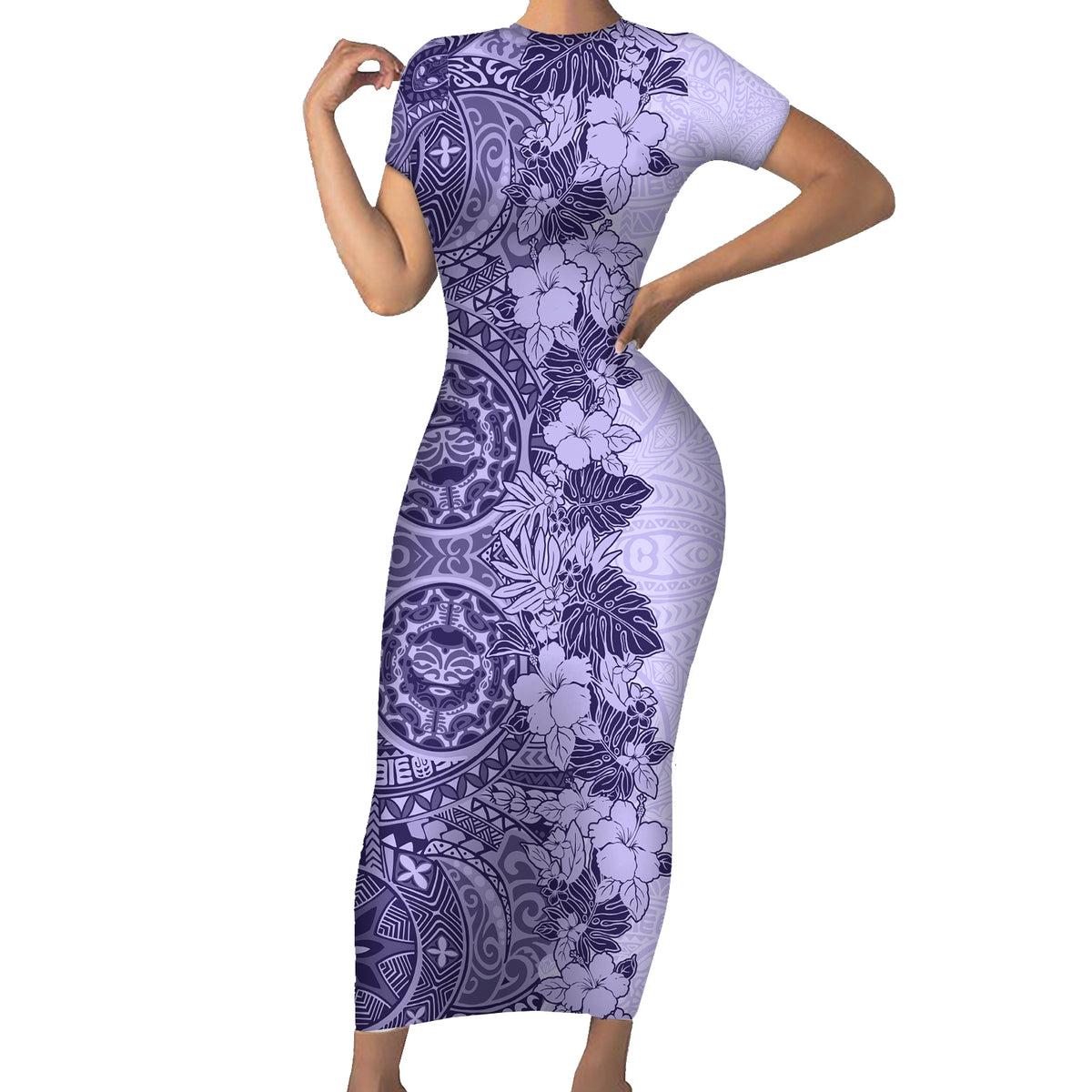 Polynesia Family Matching Short Sleeve Bodycon Dress and Hawaiian Shirt Hibiscus and Hawaiian Tribal Tattoo Retro Style Violet Color - Wonder Print Shop