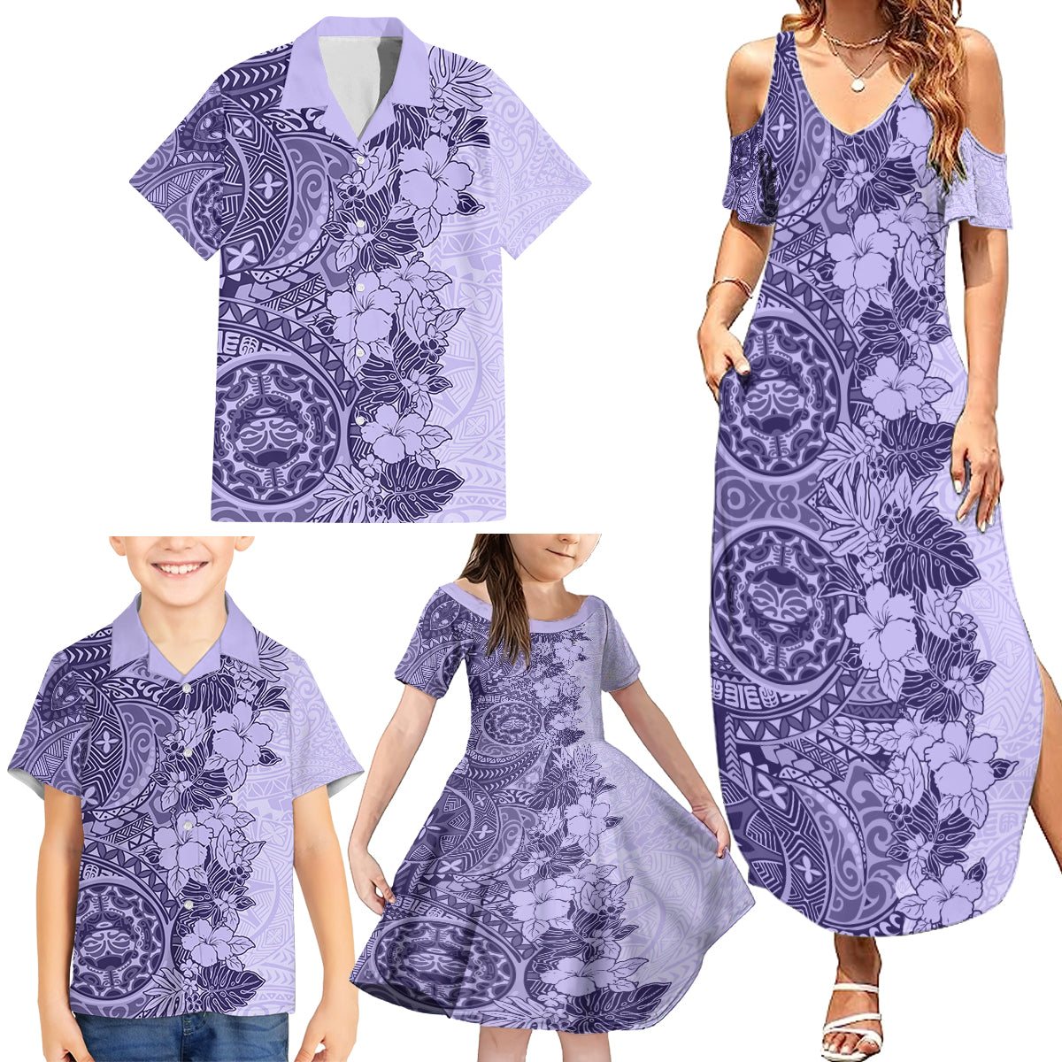 Polynesia Family Matching Summer Maxi Dress and Hawaiian Shirt Hibiscus and Hawaiian Tribal Tattoo Retro Style Violet Color - Wonder Print Shop