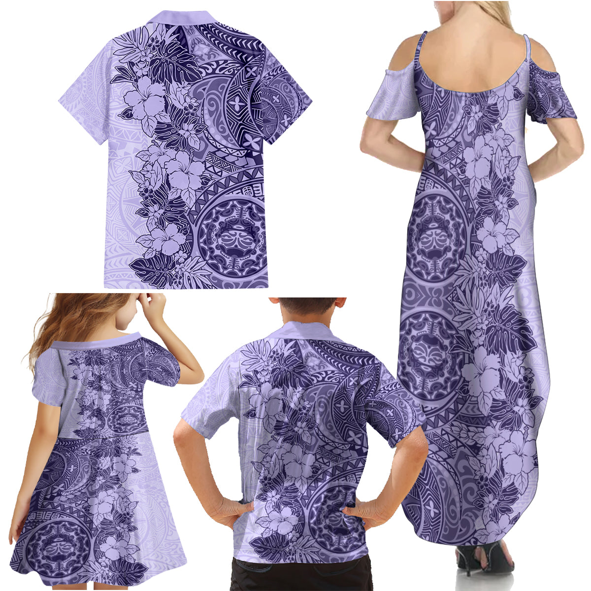 Polynesia Family Matching Summer Maxi Dress and Hawaiian Shirt Hibiscus and Hawaiian Tribal Tattoo Retro Style Violet Color - Wonder Print Shop