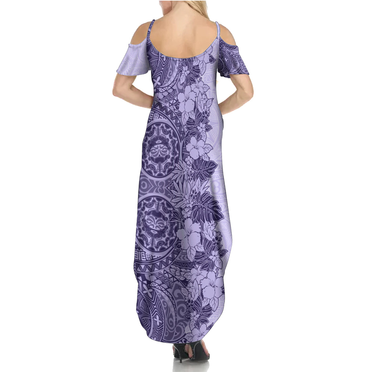 Polynesia Family Matching Summer Maxi Dress and Hawaiian Shirt Hibiscus and Hawaiian Tribal Tattoo Retro Style Violet Color - Wonder Print Shop