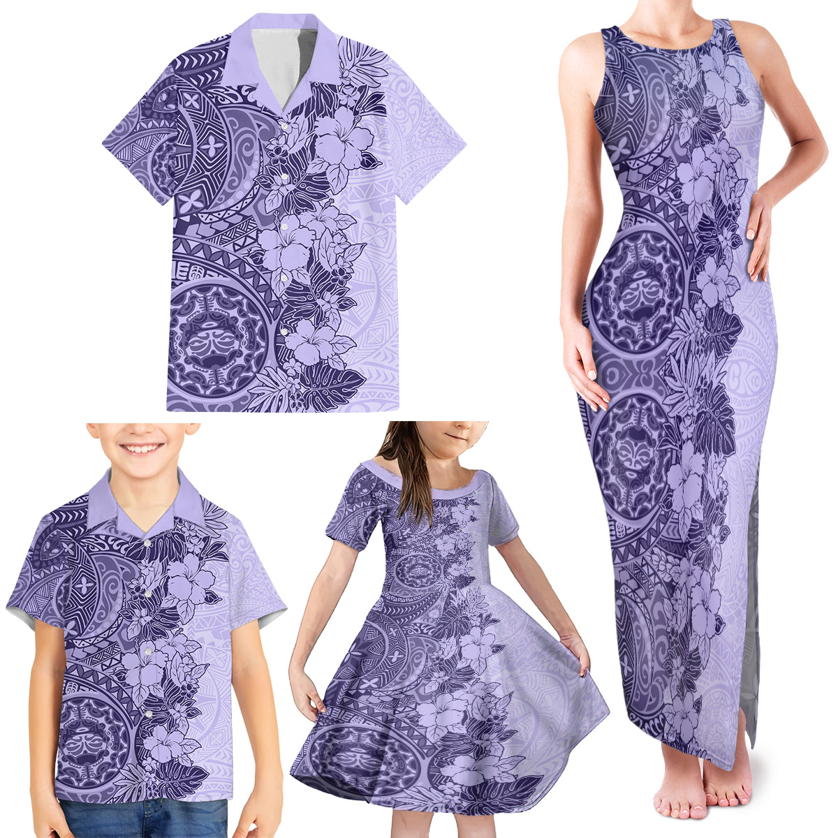 Polynesia Family Matching Tank Maxi Dress and Hawaiian Shirt Hibiscus and Hawaiian Tribal Tattoo Retro Style Violet Color - Wonder Print Shop