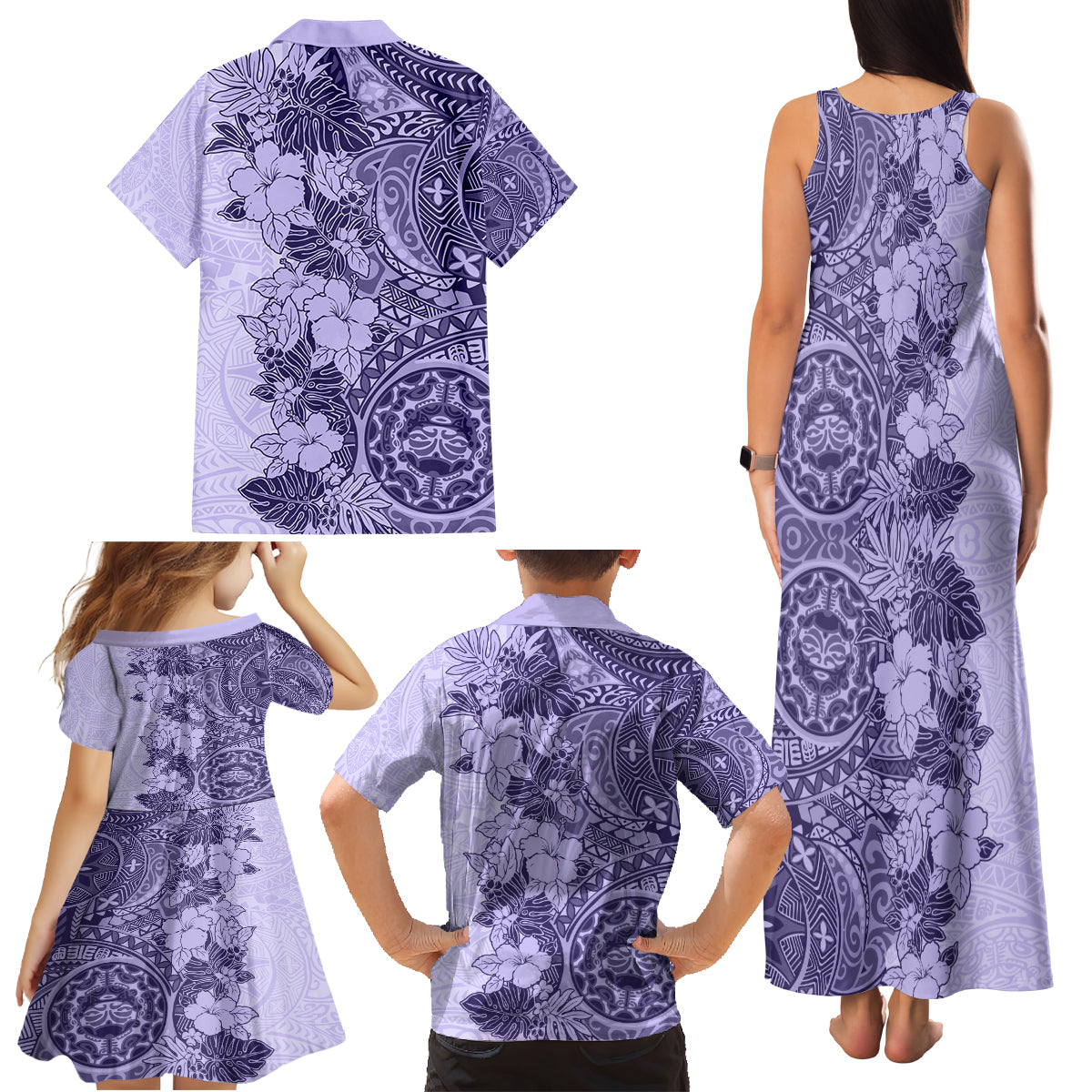 Polynesia Family Matching Tank Maxi Dress and Hawaiian Shirt Hibiscus and Hawaiian Tribal Tattoo Retro Style Violet Color - Wonder Print Shop
