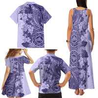Polynesia Family Matching Tank Maxi Dress and Hawaiian Shirt Hibiscus and Hawaiian Tribal Tattoo Retro Style Violet Color - Wonder Print Shop