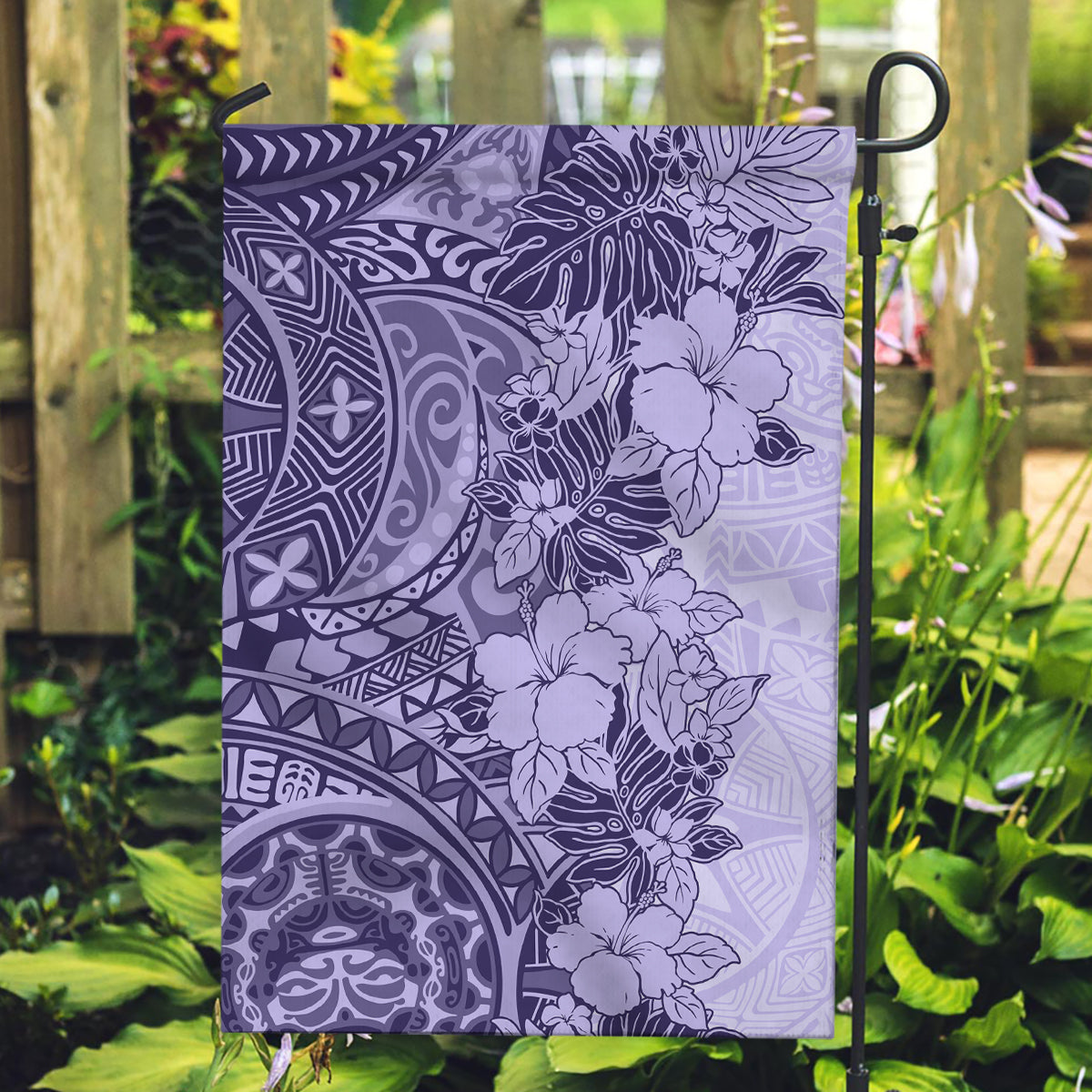 Polynesia Garden Flag Hibiscus and Hawaiian Tribal Tattoo Retro Style Violet Color - Wonder Print Shop