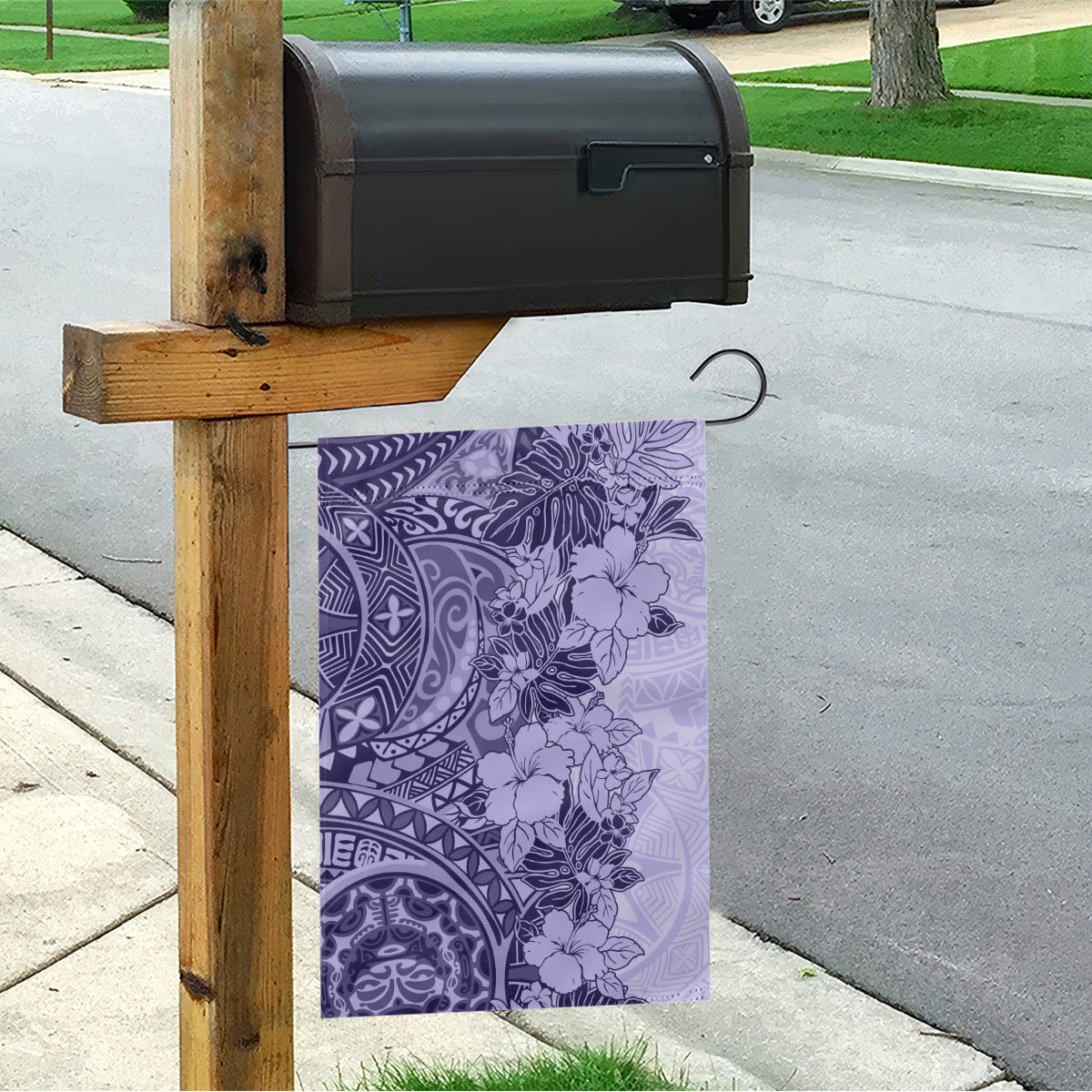 Polynesia Garden Flag Hibiscus and Hawaiian Tribal Tattoo Retro Style Violet Color - Wonder Print Shop
