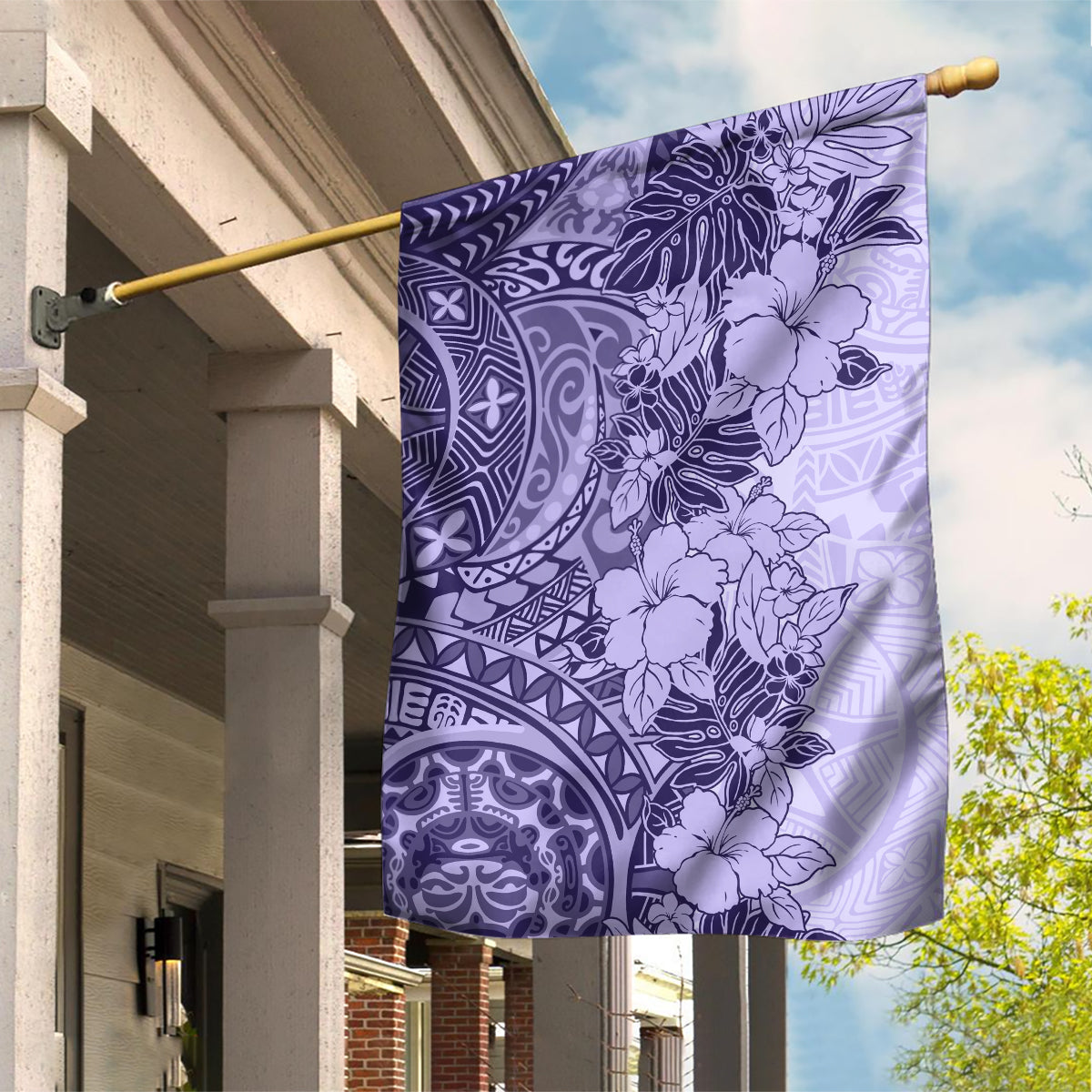 Polynesia Garden Flag Hibiscus and Hawaiian Tribal Tattoo Retro Style Violet Color - Wonder Print Shop