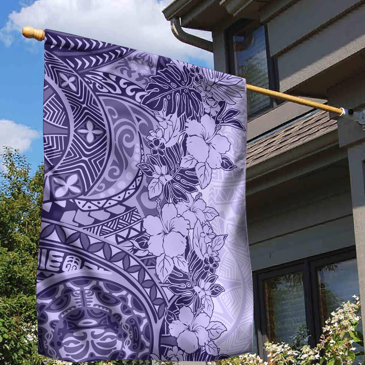 Polynesia Garden Flag Hibiscus and Hawaiian Tribal Tattoo Retro Style Violet Color - Wonder Print Shop