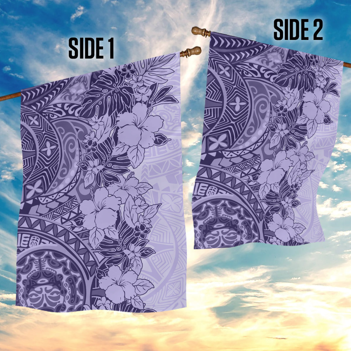 Polynesia Garden Flag Hibiscus and Hawaiian Tribal Tattoo Retro Style Violet Color - Wonder Print Shop