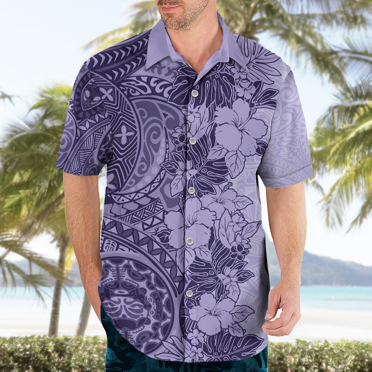 Polynesia Hawaiian Shirt Hibiscus and Hawaiian Tribal Tattoo Retro Style Violet Color - Wonder Print Shop