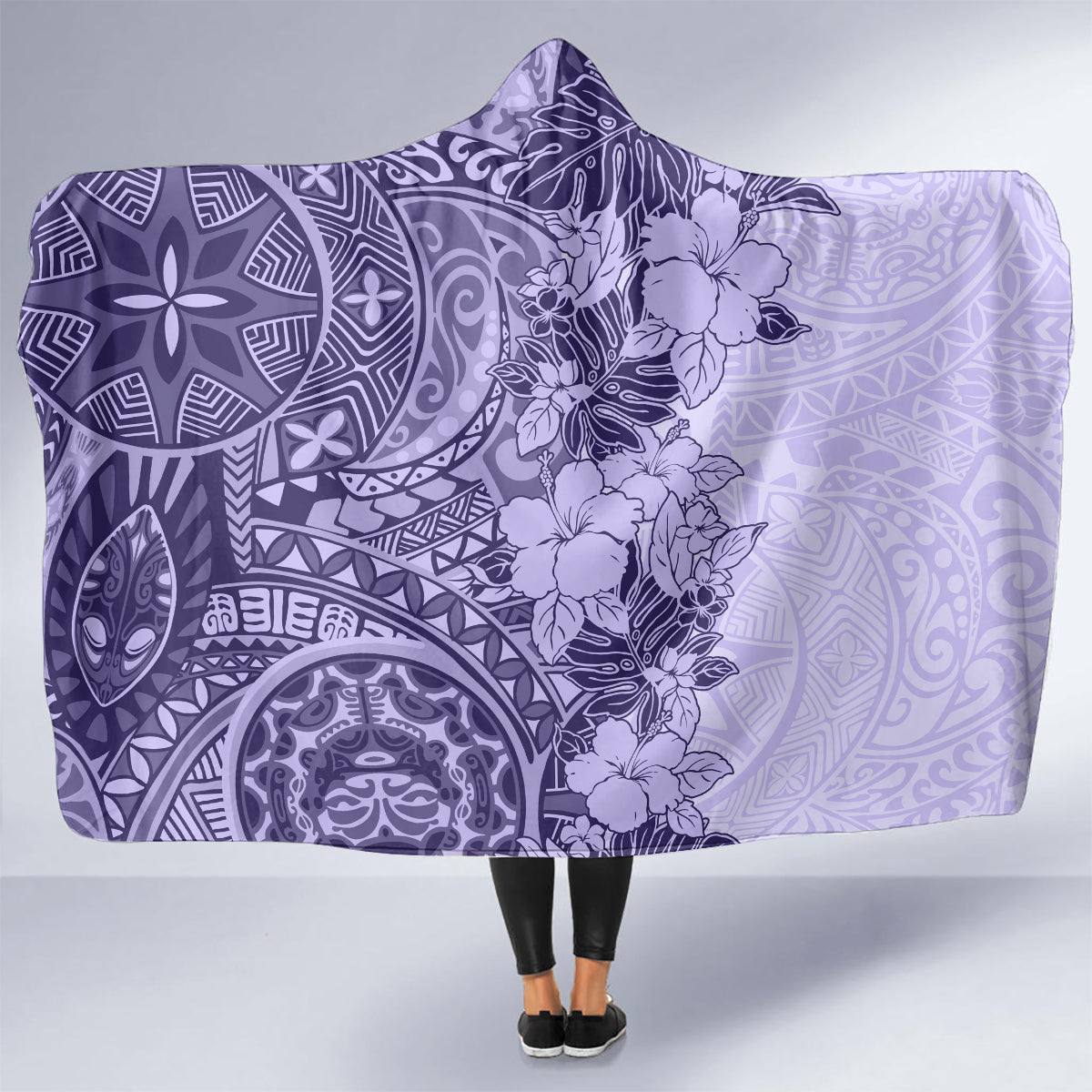 polynesia-hooded-blanket-hibiscus-and-hawaiian-tribal-tattoo-retro-style-violet-color