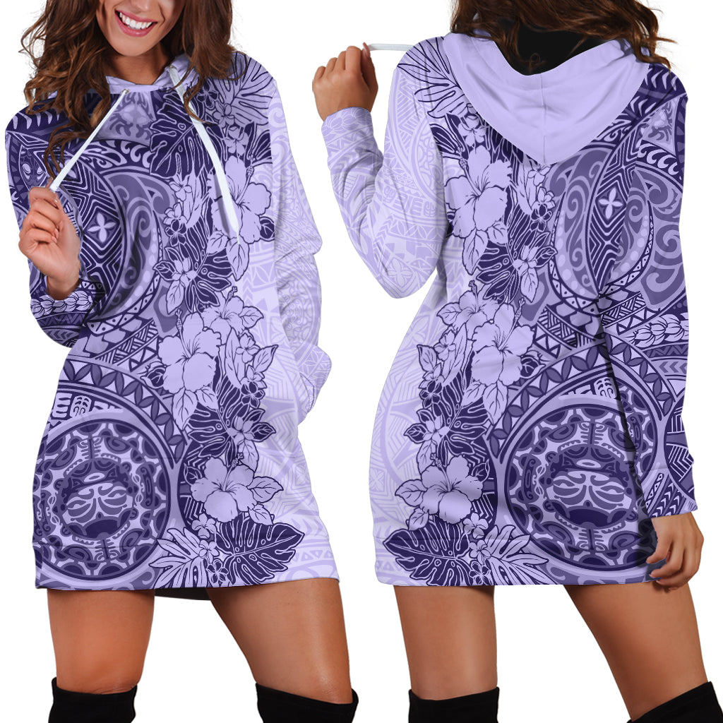 Polynesia Hoodie Dress Hibiscus and Hawaiian Tribal Tattoo Retro Style Violet Color - Wonder Print Shop