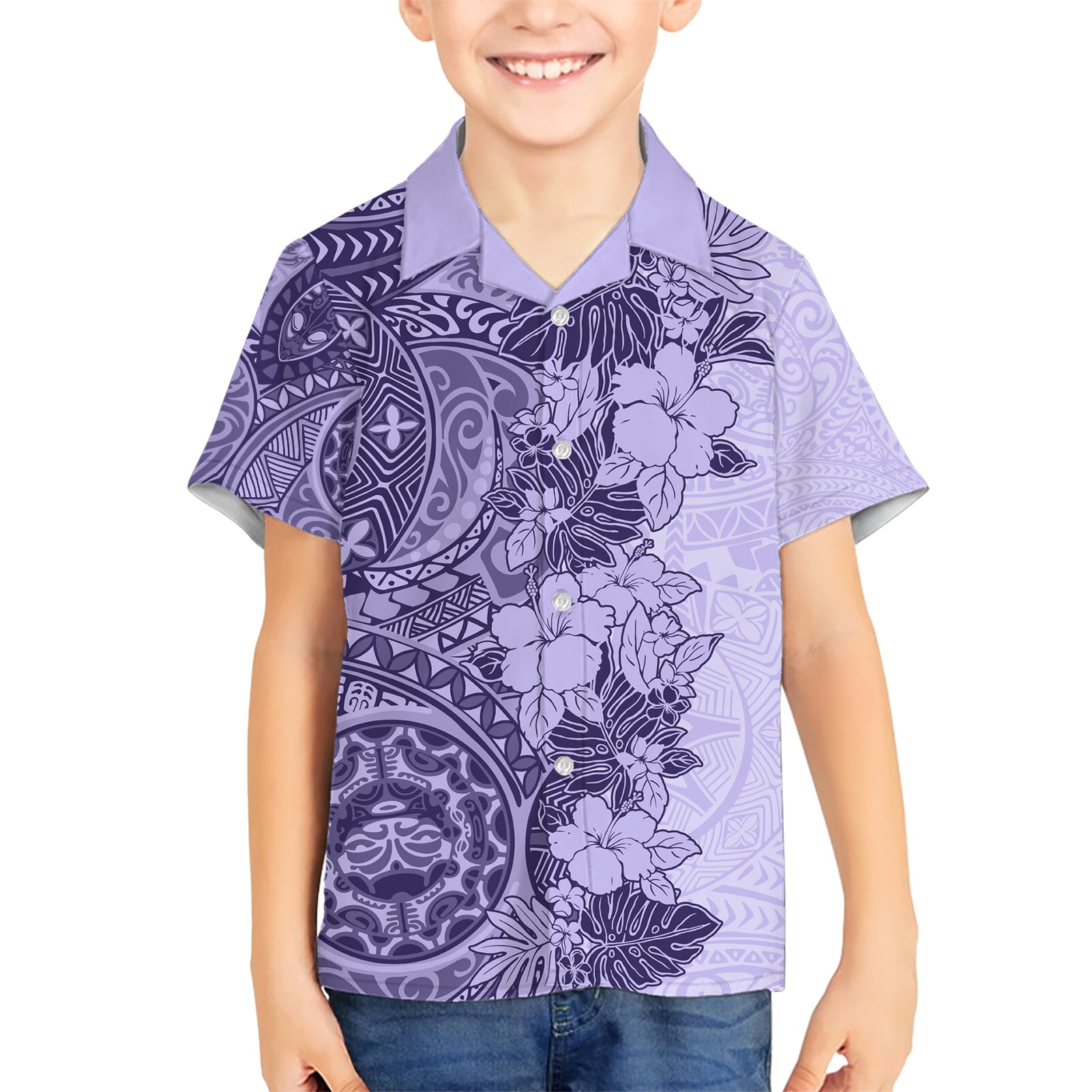 Polynesia Kid Hawaiian Shirt Hibiscus and Hawaiian Tribal Tattoo Retro Style Violet Color - Wonder Print Shop