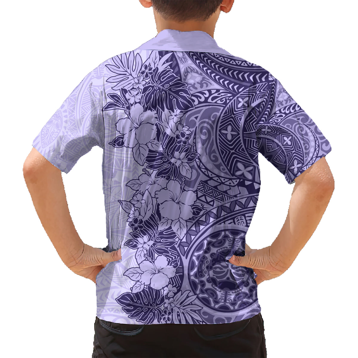Polynesia Kid Hawaiian Shirt Hibiscus and Hawaiian Tribal Tattoo Retro Style Violet Color - Wonder Print Shop