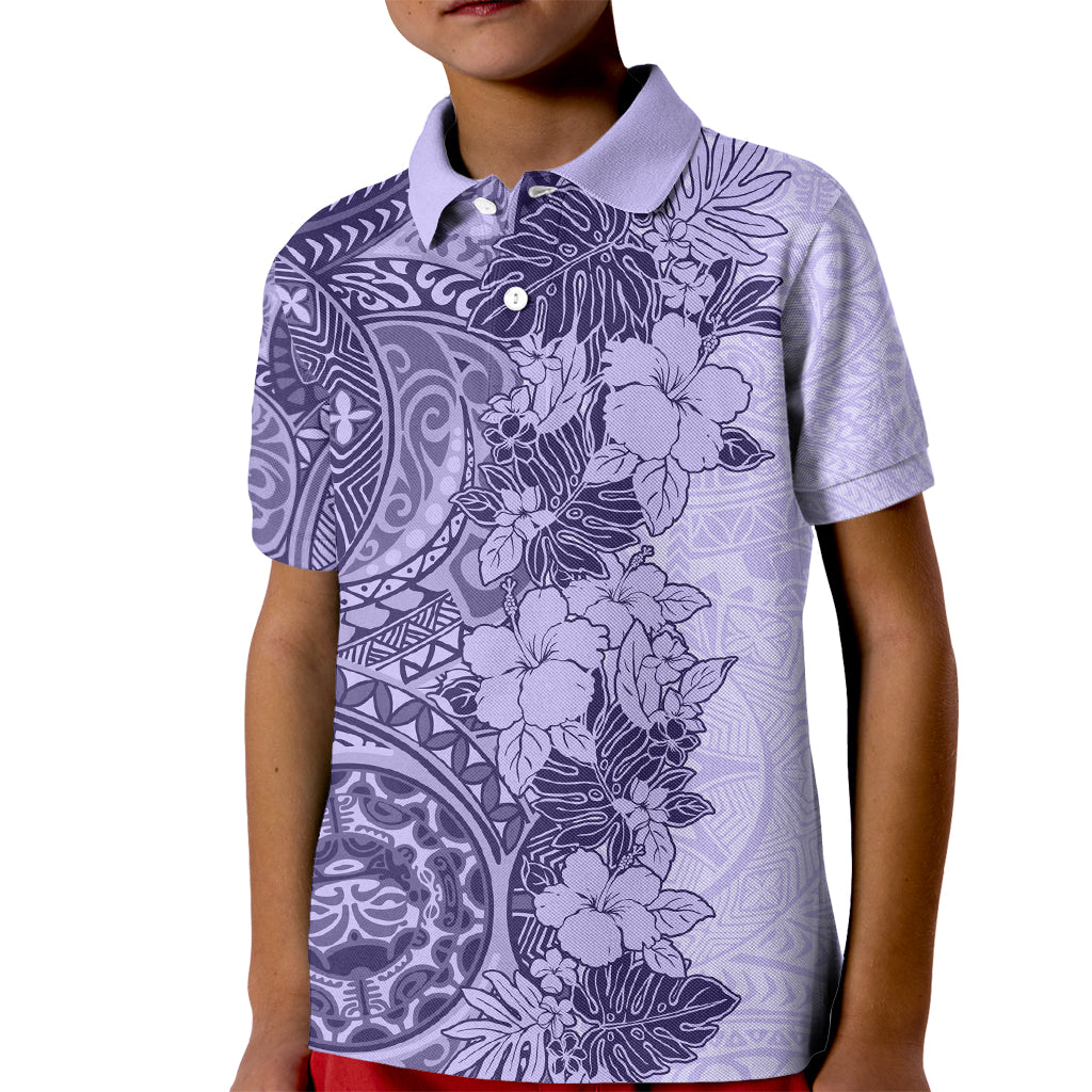Polynesia Kid Polo Shirt Hibiscus and Hawaiian Tribal Tattoo Retro Style Violet Color - Wonder Print Shop