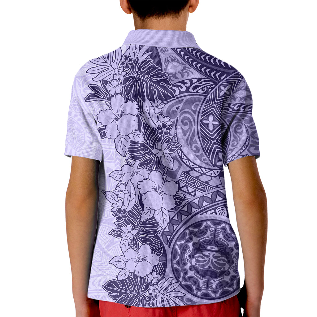 Polynesia Kid Polo Shirt Hibiscus and Hawaiian Tribal Tattoo Retro Style Violet Color - Wonder Print Shop