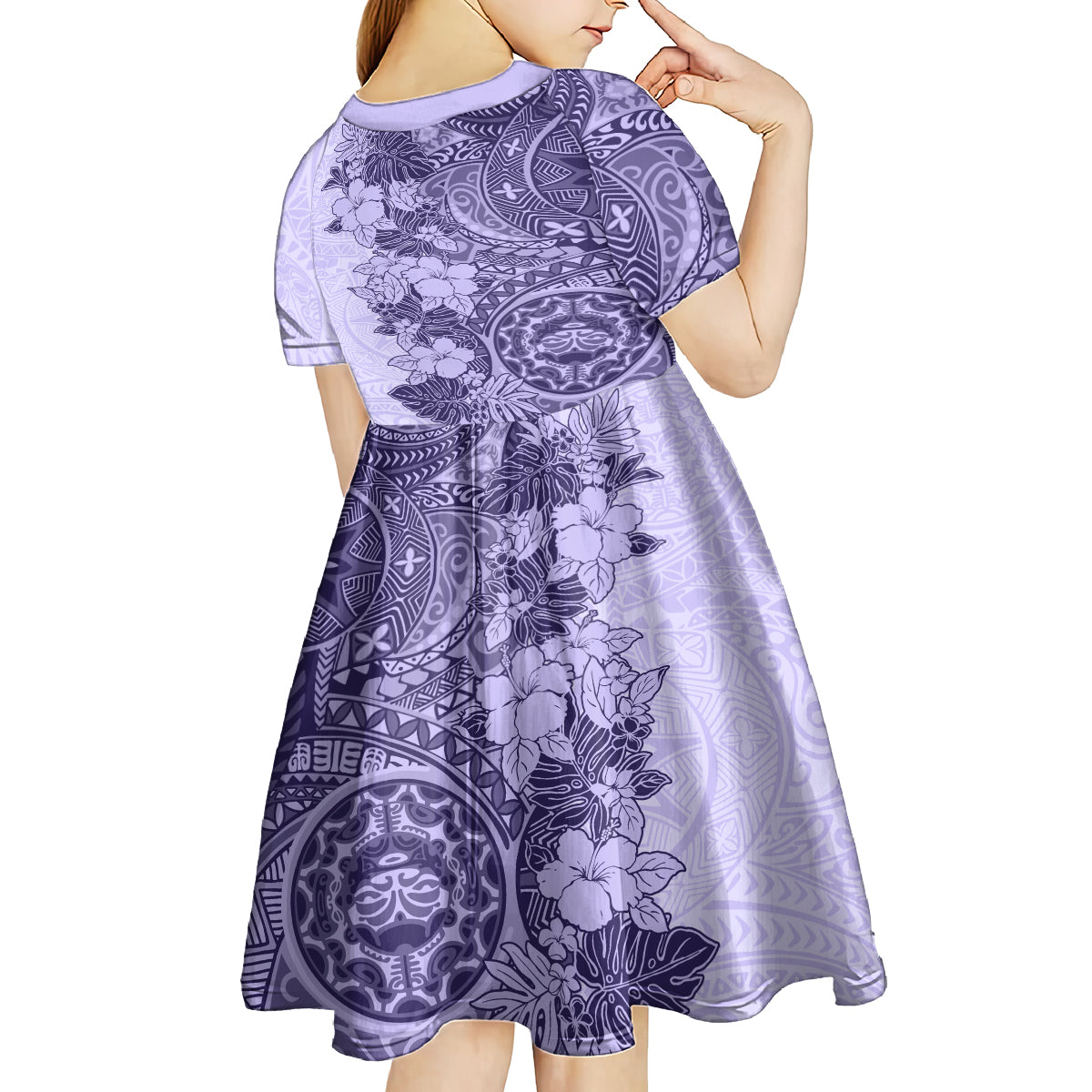 Polynesia Kid Short Sleeve Dress Hibiscus and Hawaiian Tribal Tattoo Retro Style Violet Color - Wonder Print Shop