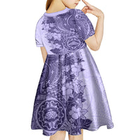 Polynesia Kid Short Sleeve Dress Hibiscus and Hawaiian Tribal Tattoo Retro Style Violet Color - Wonder Print Shop