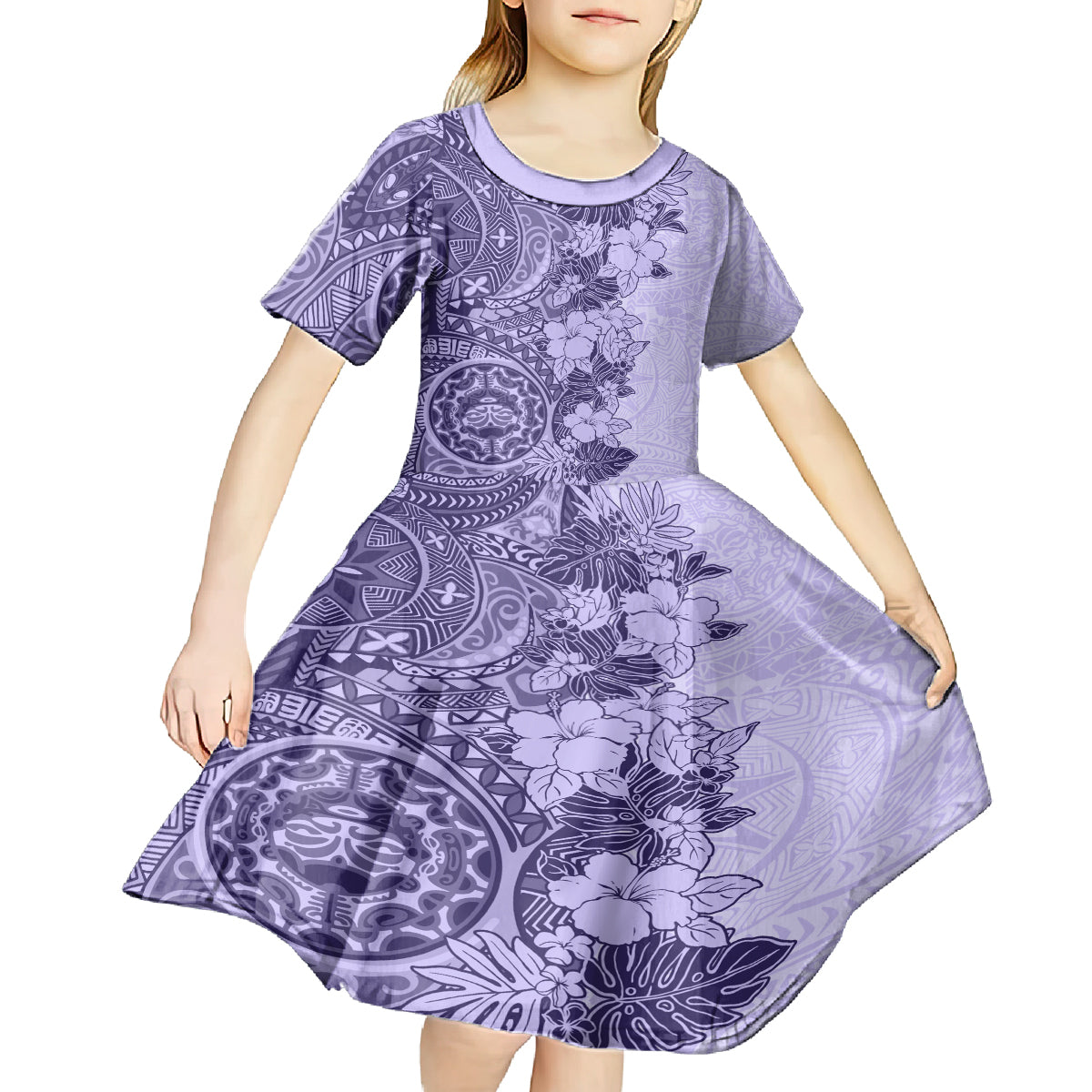 Polynesia Kid Short Sleeve Dress Hibiscus and Hawaiian Tribal Tattoo Retro Style Violet Color - Wonder Print Shop