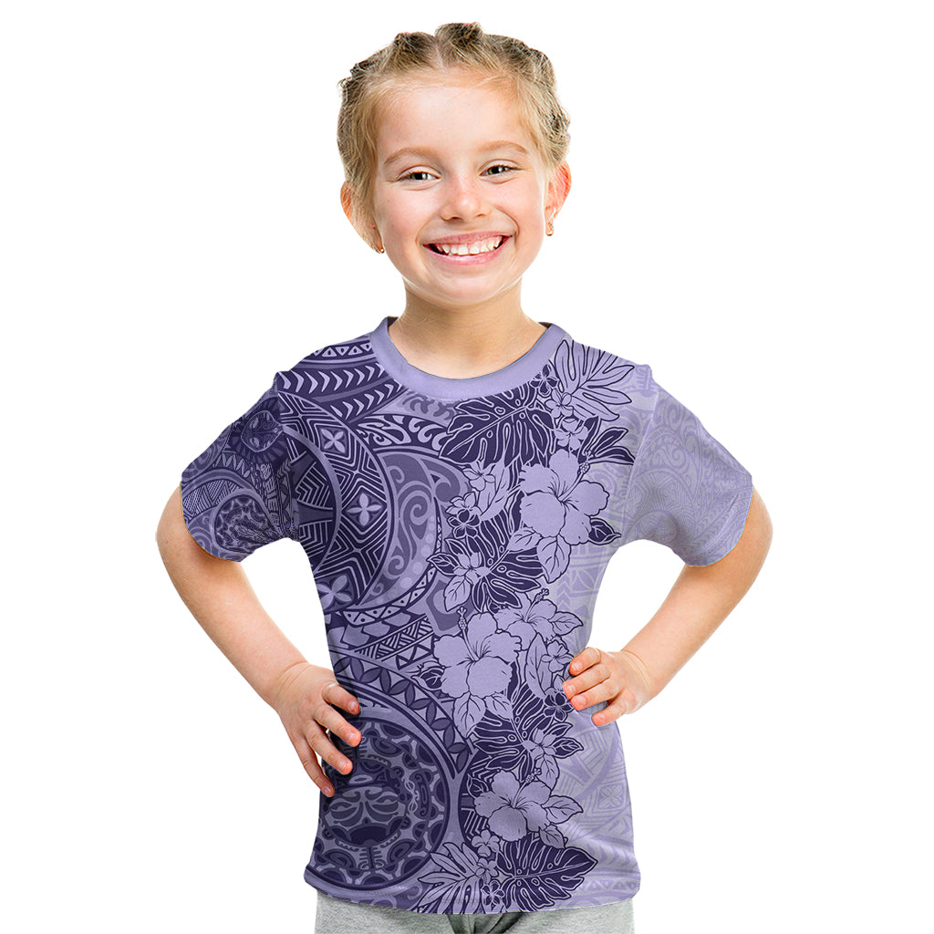 Polynesia Kid T Shirt Hibiscus and Hawaiian Tribal Tattoo Retro Style Violet Color - Wonder Print Shop