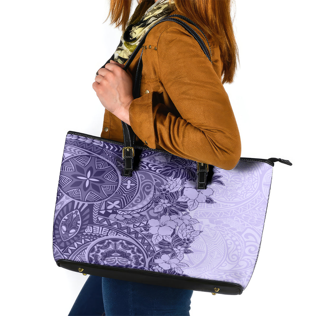 Polynesia Leather Tote Bag Hibiscus and Hawaiian Tribal Tattoo Retro Style Violet Color - Wonder Print Shop