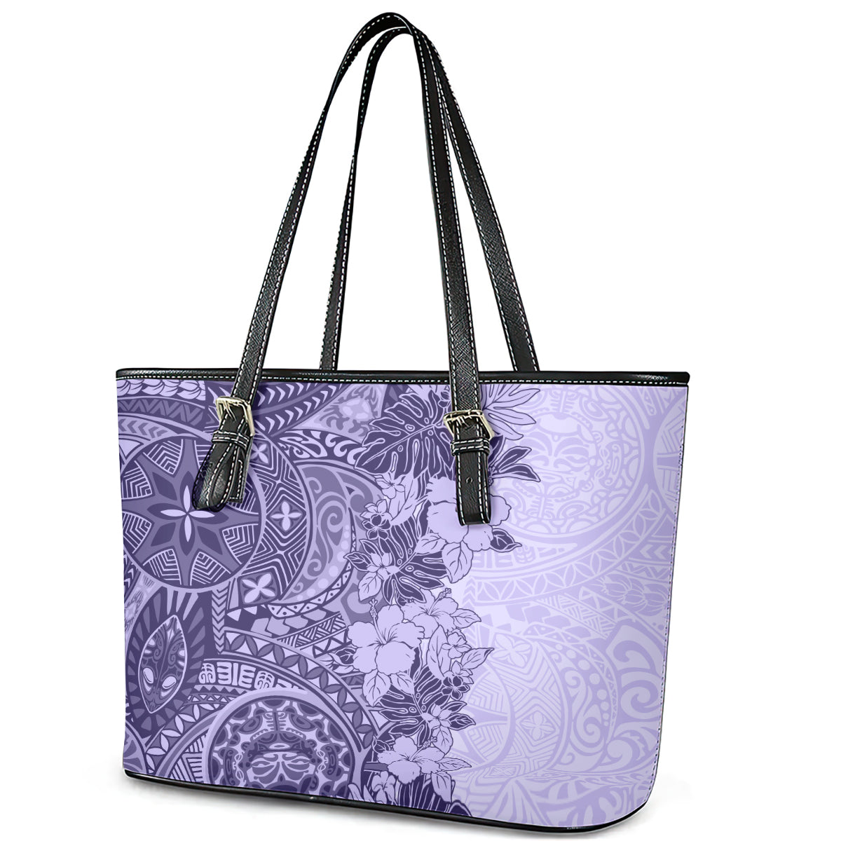 Polynesia Leather Tote Bag Hibiscus and Hawaiian Tribal Tattoo Retro Style Violet Color - Wonder Print Shop