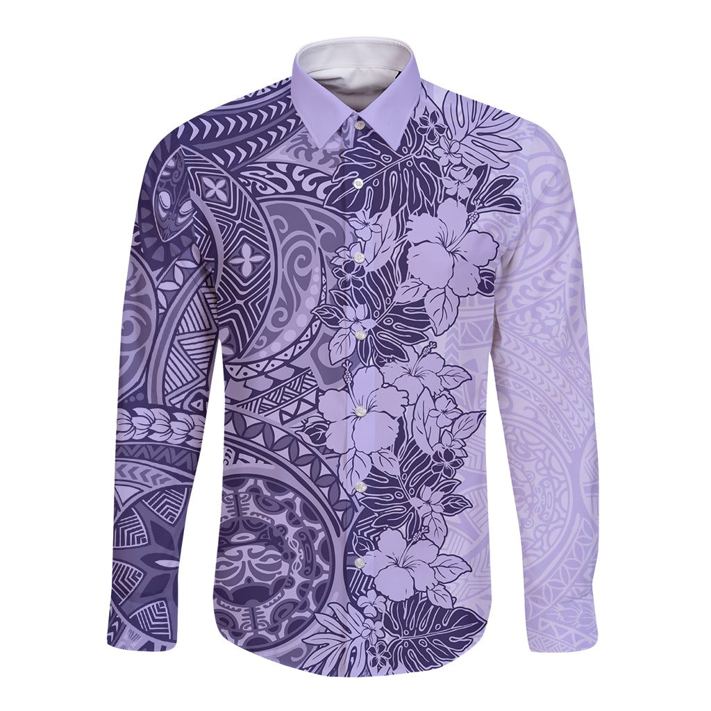 Polynesia Long Sleeve Button Shirt Hibiscus and Hawaiian Tribal Tattoo Retro Style Violet Color - Wonder Print Shop