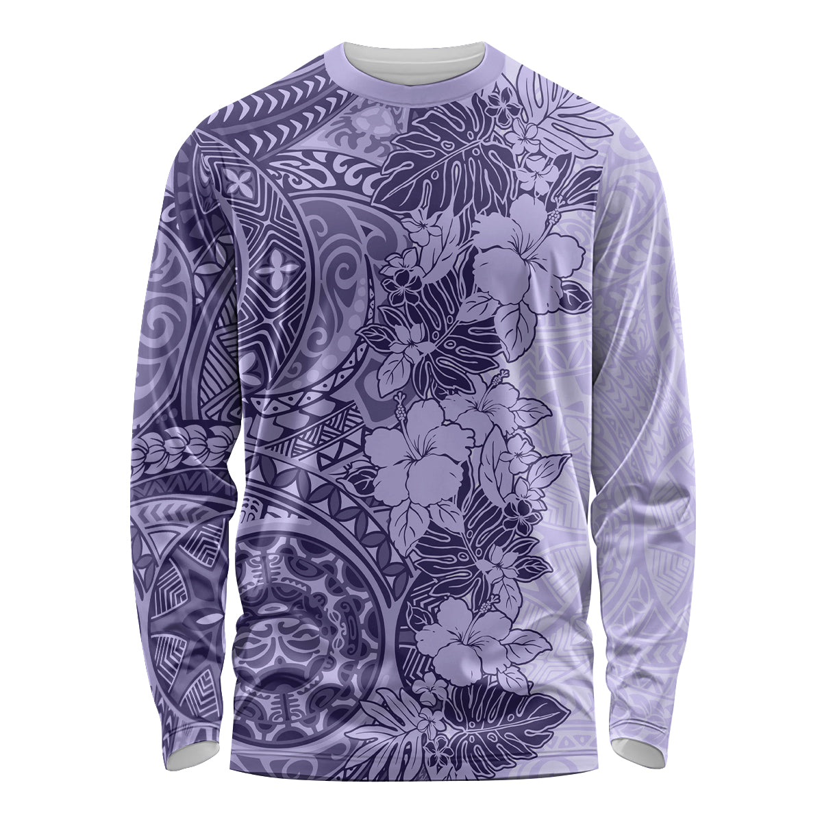 Polynesia Long Sleeve Shirt Hibiscus and Hawaiian Tribal Tattoo Retro Style Violet Color - Wonder Print Shop