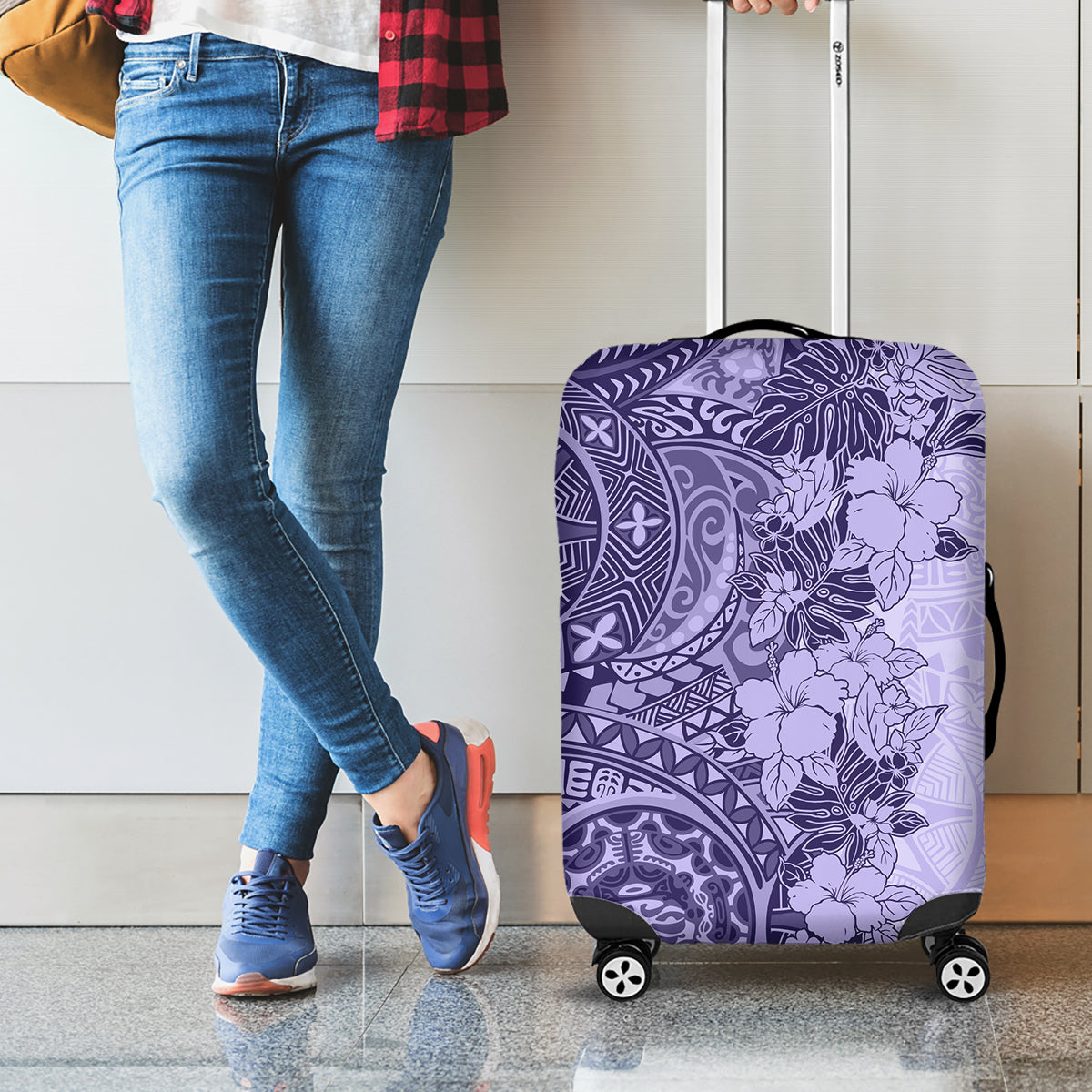 Polynesia Luggage Cover Hibiscus and Hawaiian Tribal Tattoo Retro Style Violet Color - Wonder Print Shop