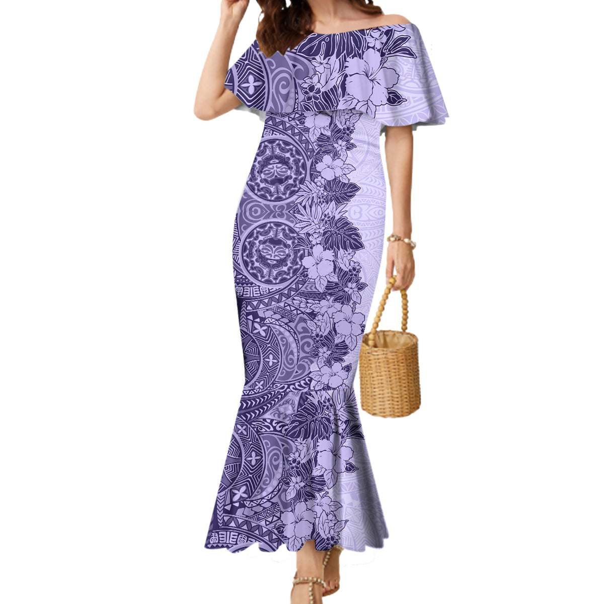 Polynesia Mermaid Dress Hibiscus and Hawaiian Tribal Tattoo Retro Style Violet Color - Wonder Print Shop