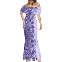 Polynesia Mermaid Dress Hibiscus and Hawaiian Tribal Tattoo Retro Style Violet Color - Wonder Print Shop