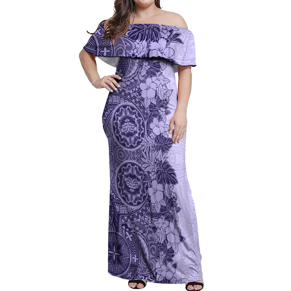 Polynesia Off Shoulder Maxi Dress Hibiscus and Hawaiian Tribal Tattoo Retro Style Violet Color - Wonder Print Shop