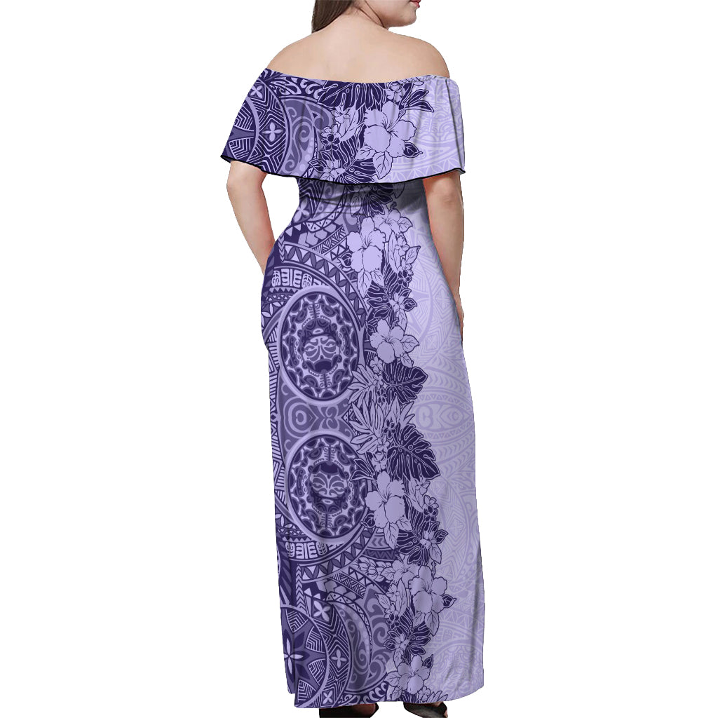 Polynesia Off Shoulder Maxi Dress Hibiscus and Hawaiian Tribal Tattoo Retro Style Violet Color - Wonder Print Shop
