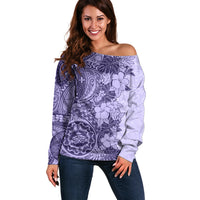 Polynesia Off Shoulder Sweater Hibiscus and Hawaiian Tribal Tattoo Retro Style Violet Color - Wonder Print Shop