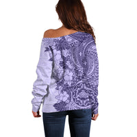 Polynesia Off Shoulder Sweater Hibiscus and Hawaiian Tribal Tattoo Retro Style Violet Color - Wonder Print Shop