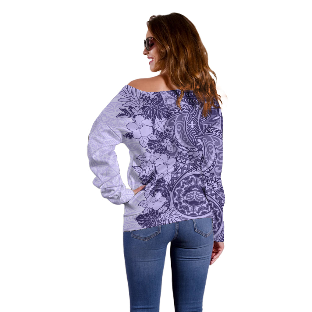 Polynesia Off Shoulder Sweater Hibiscus and Hawaiian Tribal Tattoo Retro Style Violet Color - Wonder Print Shop
