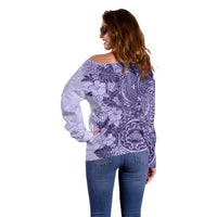 Polynesia Off Shoulder Sweater Hibiscus and Hawaiian Tribal Tattoo Retro Style Violet Color - Wonder Print Shop