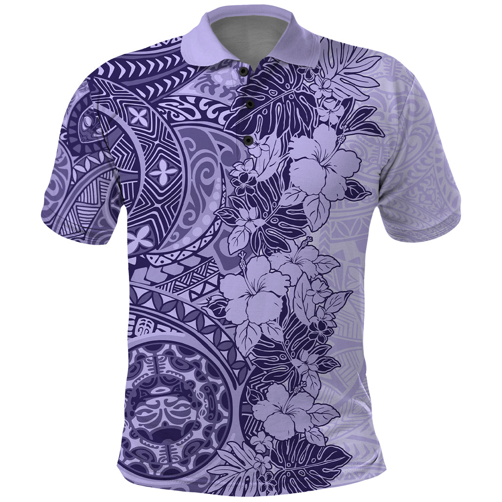 Polynesia Polo Shirt Hibiscus and Hawaiian Tribal Tattoo Retro Style Violet Color - Wonder Print Shop