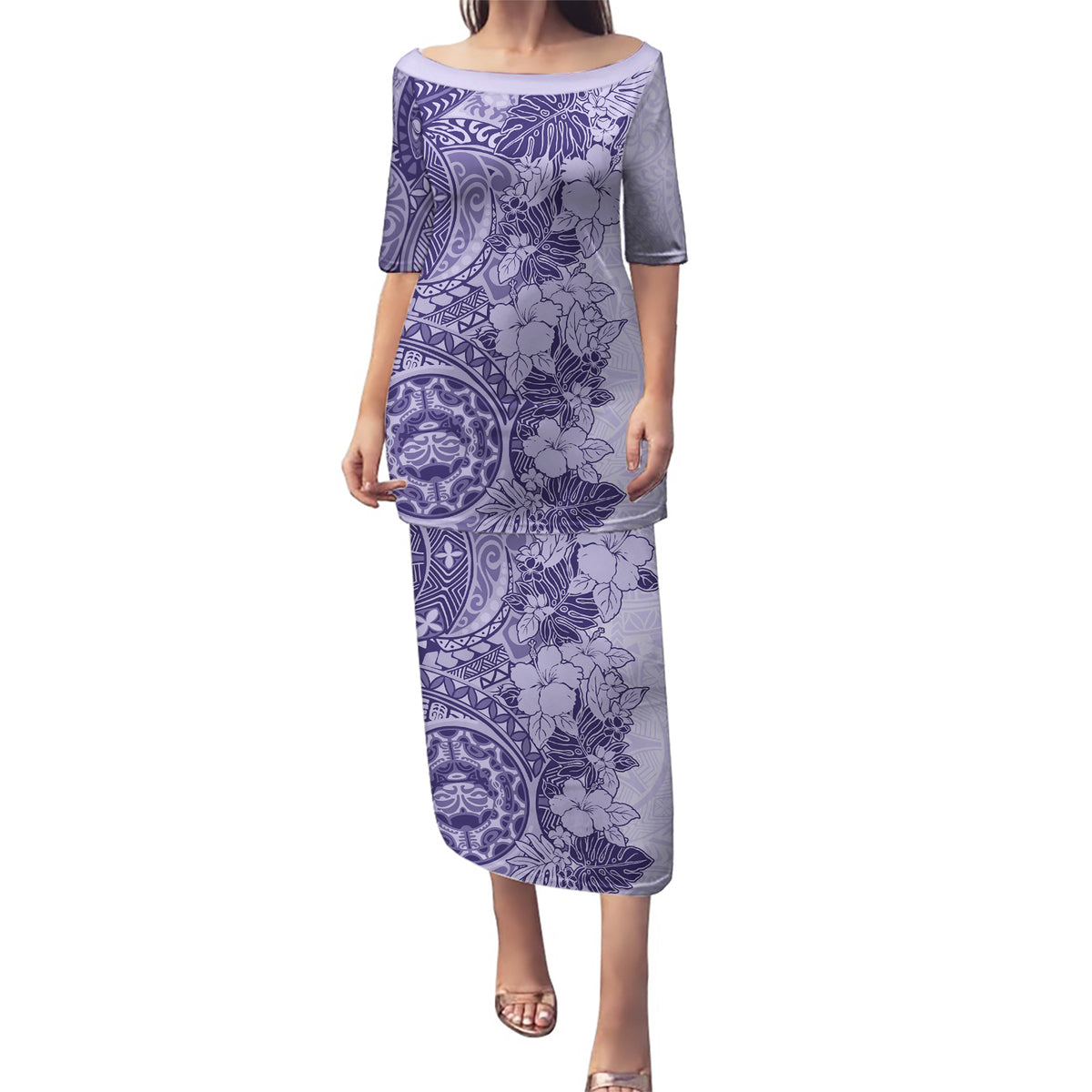 Polynesia Puletasi Hibiscus and Hawaiian Tribal Tattoo Retro Style Violet Color - Wonder Print Shop