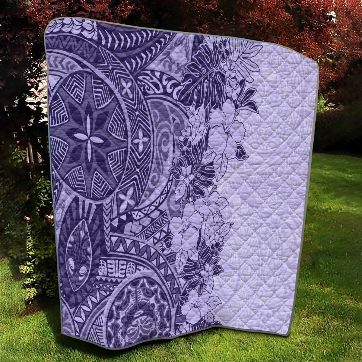 Polynesia Quilt Hibiscus and Hawaiian Tribal Tattoo Retro Style Violet Color - Wonder Print Shop