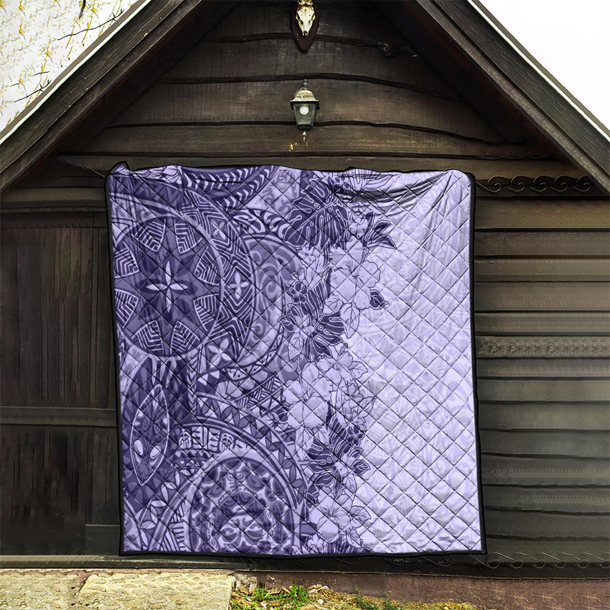 Polynesia Quilt Hibiscus and Hawaiian Tribal Tattoo Retro Style Violet Color - Wonder Print Shop